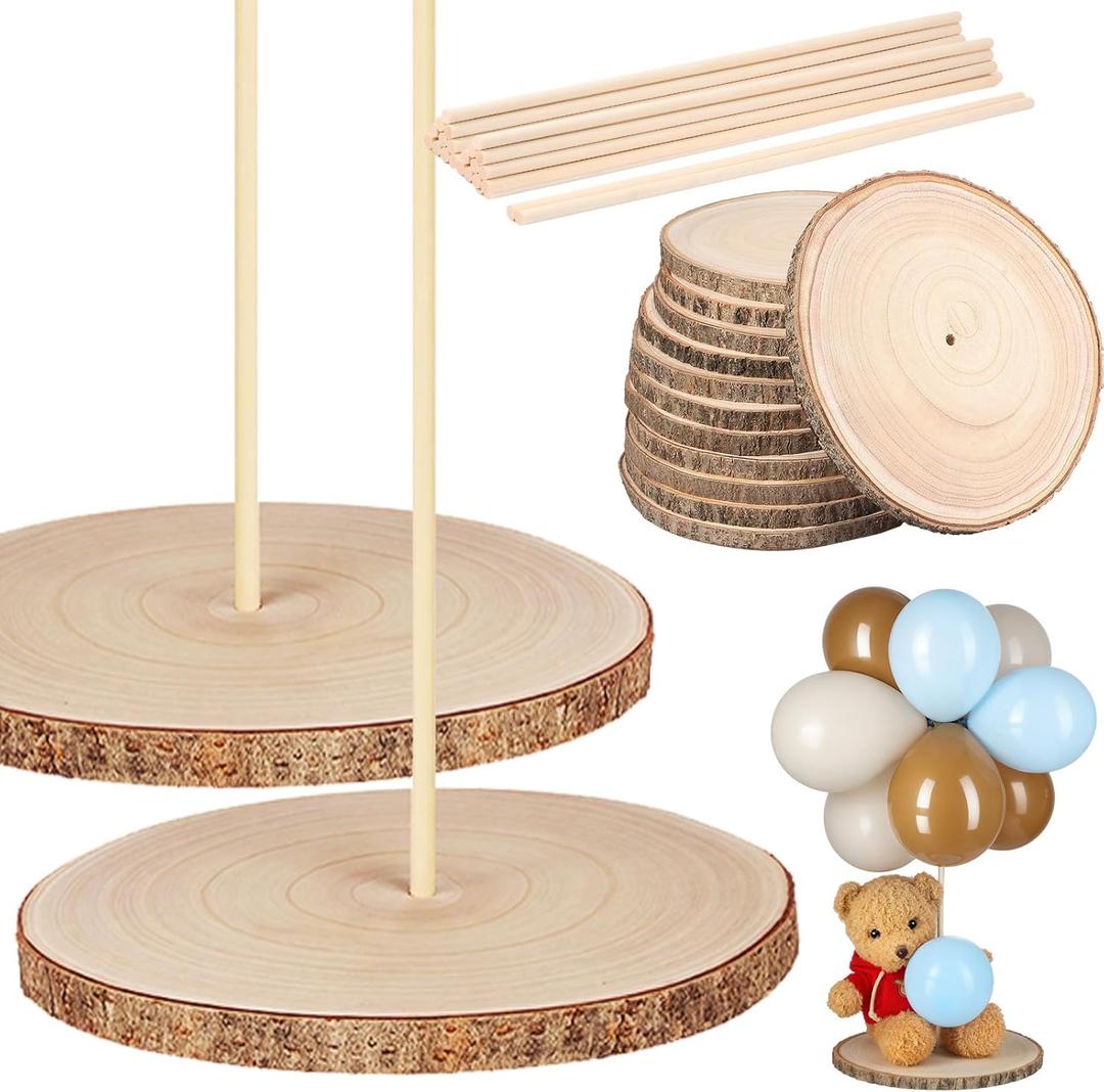 Canlierr 12 Pcs 9-10 Inch Large Pre Drilled Wood Slices with 12 Sticks Natural Rustic Wooden Slices DIY Craft for Christmas Birthday Wedding Gender Reveal Party Table Decorations