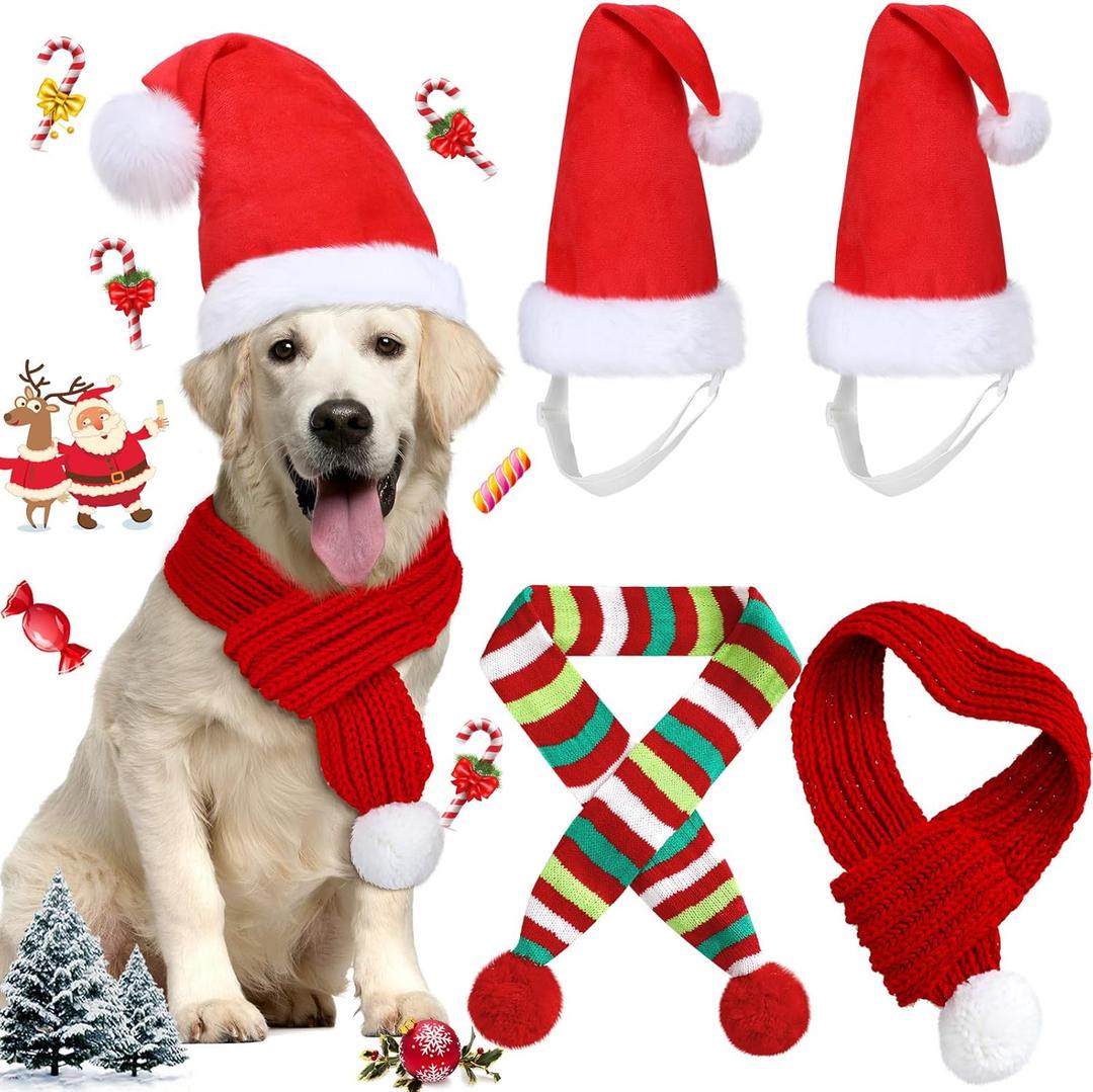 Frienda 4 Pcs Christmas Santa Hat 2 Adjustable Dog Christmas Outfit Costume Hat and 2 Knit Red Scarf Winter Pet Accessory for  Large Dog(Large)