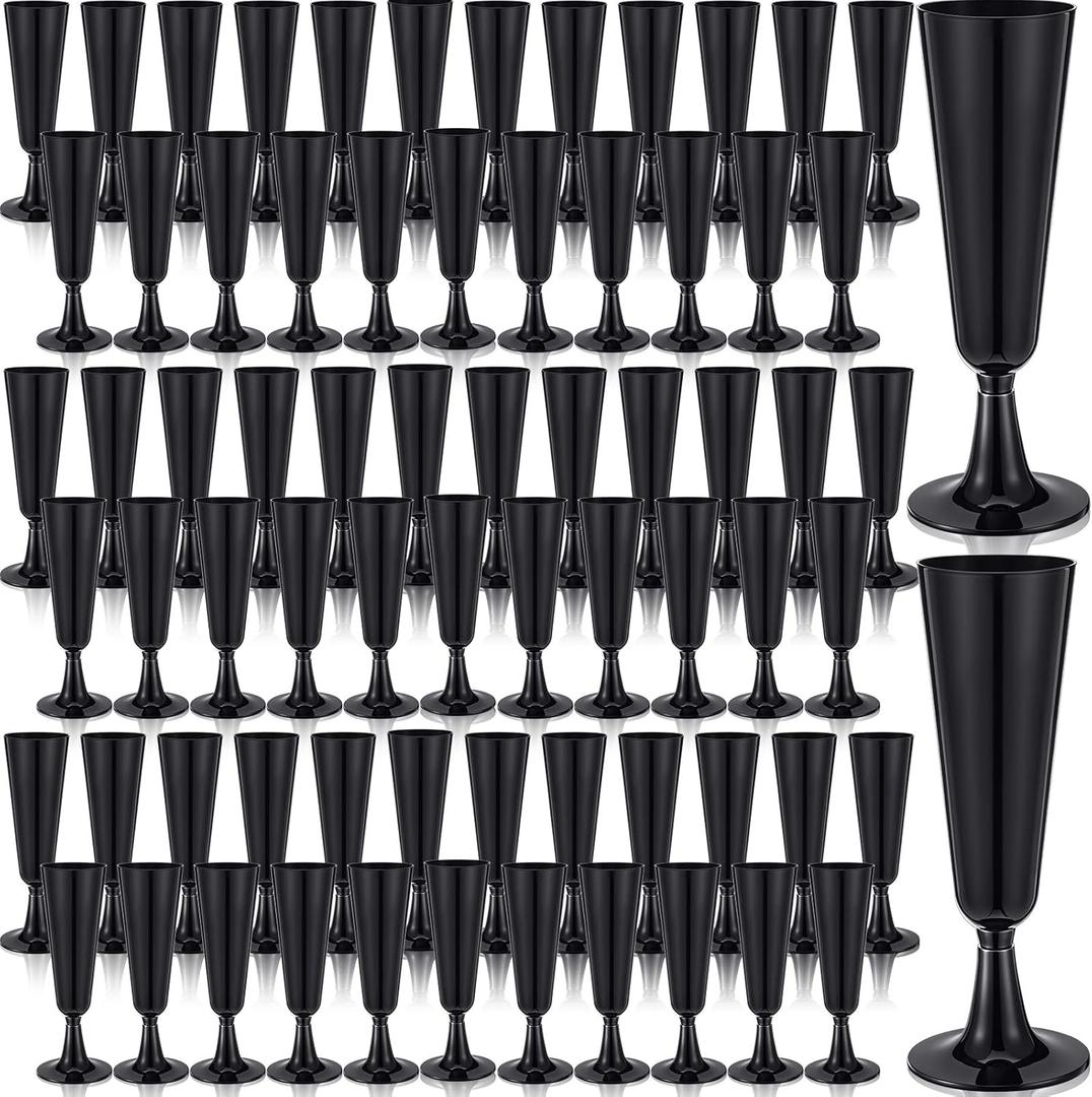 Domensi 100 Pack Black Champagne Flutes Bulk Plastic Disposable Champagne Glasses 5.5 oz Plastic Mimosa Glasses Wedding Cocktail Cups for Engagement Birthday Graduation Decor 2026 Party Supplies