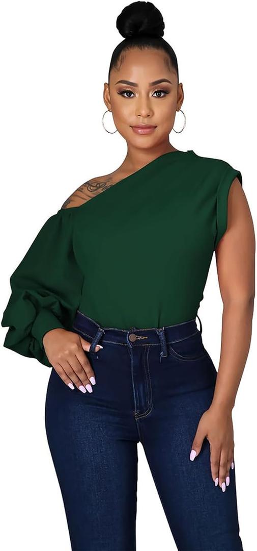 Ekaliy Women Sexy One Shoulder Sleeveless Bodycon High Low Asymmetrical Ruffle Tunics Blouse Shirt Top Dress
, Green, Size 5 XL