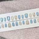 Square Press on Nails Short Fake Nails with 3D Gold Silvery Flowers Design Glitter Blue French False Nails Glossy Acrylic Glue on Nails Full Cover Spring Floral Stick on Nails for Women 30Pcs