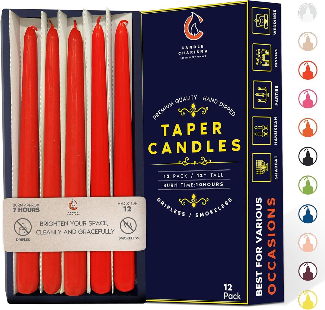 Rich Red 12 Inch Taper Candles - Pack of 12 Premium Unscented, Dripless & Smokeless Hand-Dipped Candles for Birthday, Wedding or Dinner Decorations and Formal Candlelighting