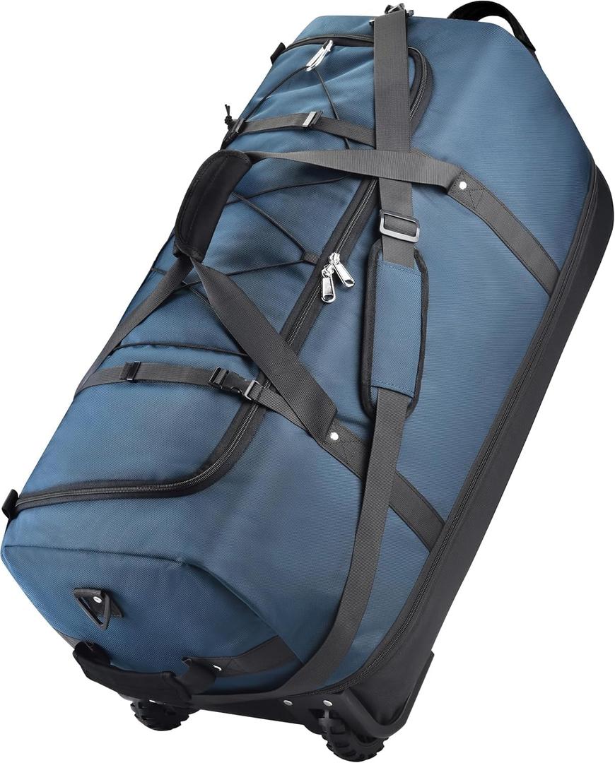 Rolling Duffle Bag with Wheels,110L/140L Expandable Soft-Sided Foldable Duffle Bag with 2 Rubber Wheels,Packable 32 Rolling Carry-On with Multi-Pockets & Compartments (Dark blue), 31.5"x14.2"x15" / 31.5"x14.2"x19"