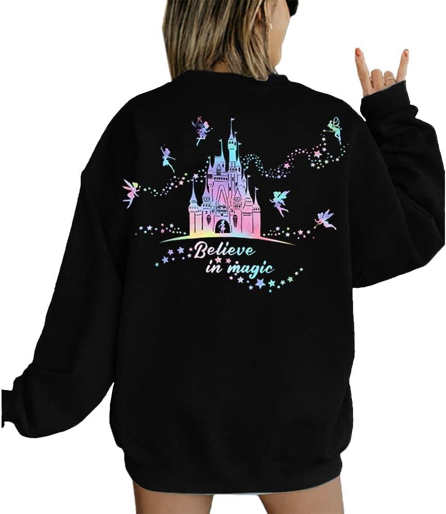 MYHALF Believe In The Magic Sweatshirt Women Magic Pullover Shirt Family Vacation Crewneck Castle Graphic Top (Large, Black)