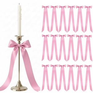 Lyrow 36 Pcs Pink Long Satin Ribbon Bows for Wedding Valentine Candlestick Chairs Hair Bows for Women Bridal Baby Shower Backdrop Wine Glass DIY Birthday Party Table Decor(19.7" x 5.28")