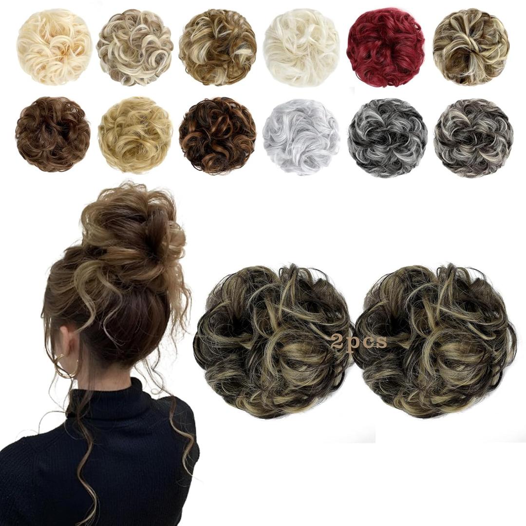 2 PCS Messy Bun Hair Piece Wavy Curly Scrunchies Synthetic Chignon Ponytail Hair Extensions Thick Updo Hairpieces for Women Girls(Dark Brown Mix Ash Blonde)