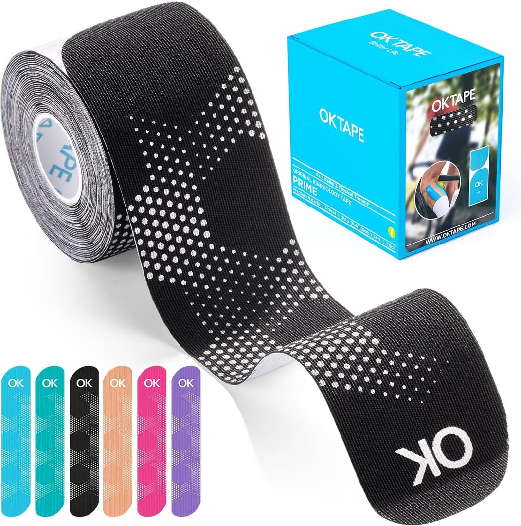 OK TAPE Synthetic Kinesiology Tape Precut Strips, Waterproof Elastic Athletic Tape for Pain Relief & Muscle Support, Reflective Design, 2in x 16.4ft Roll, 20 PCS -Black