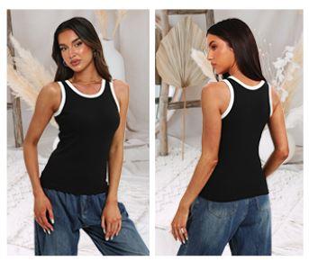Darong Women's Summer Sleeveless Tank Top Striped Form Fitting Crew Neck Ribbed Knit Basic Cami Shirts (Black White), S
