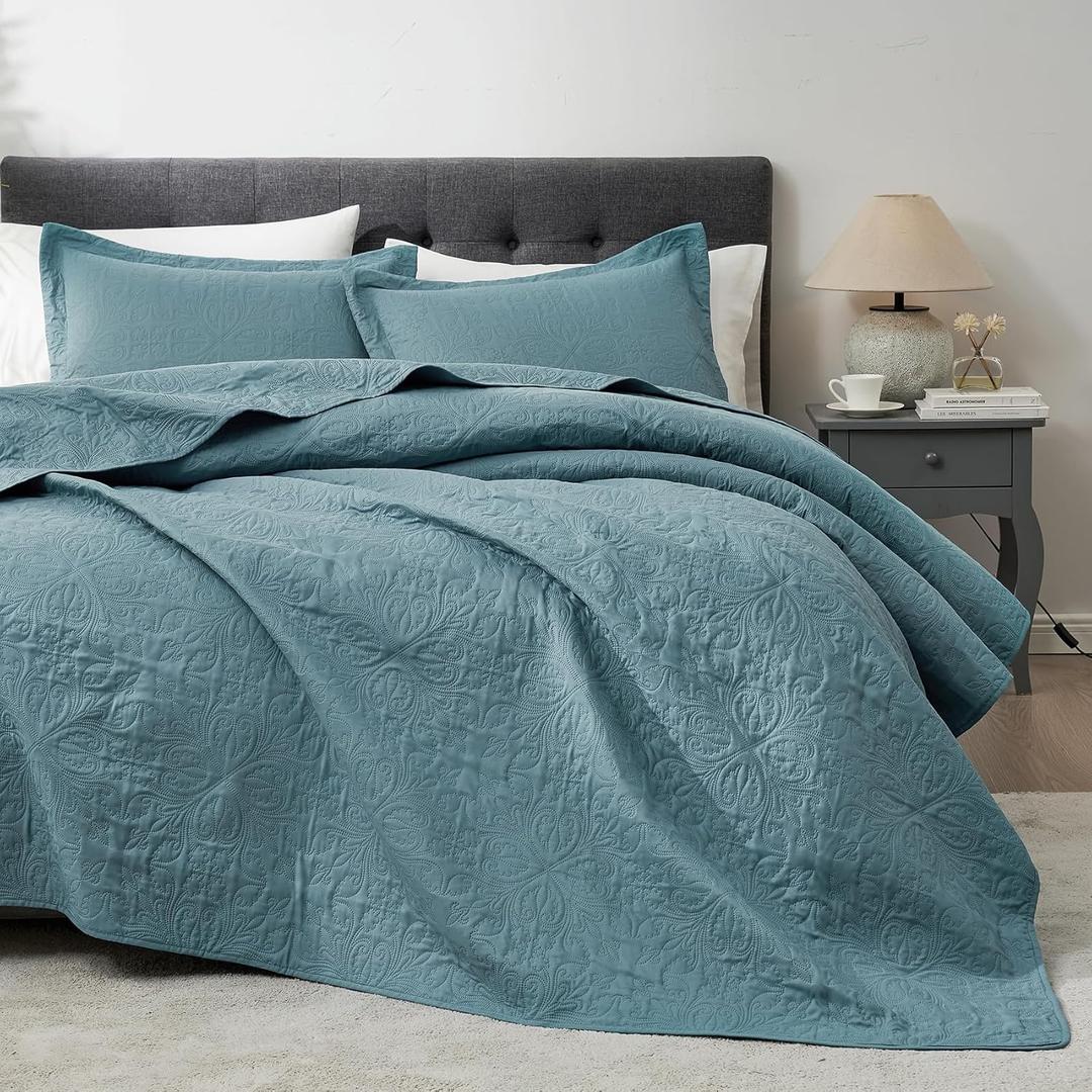 Hansleep Blue Quilt King Size - Baroque Ultrasonic All Season Bedspread King, Soft Lightweight Coverlet Bedding Set, 3 Pieces (1 Quilt, 2 Pillow Shams)