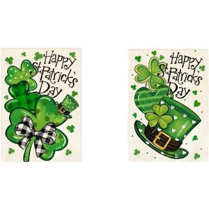 AVOIN colorlife Happy St Patricks Day Garden Flag 12x18 Inch Double Sided Outside, Shamrock Lucky Clover Hat Yard Outdoor Flag Set of 2