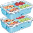 Small Snack Box Container, Divided Serving Tray with Lid, 4 Compartment Snack Box Container for Candy, Fruits, Charcuterie, Travel & Parties, BPA-Free (Blue 2 Pack)