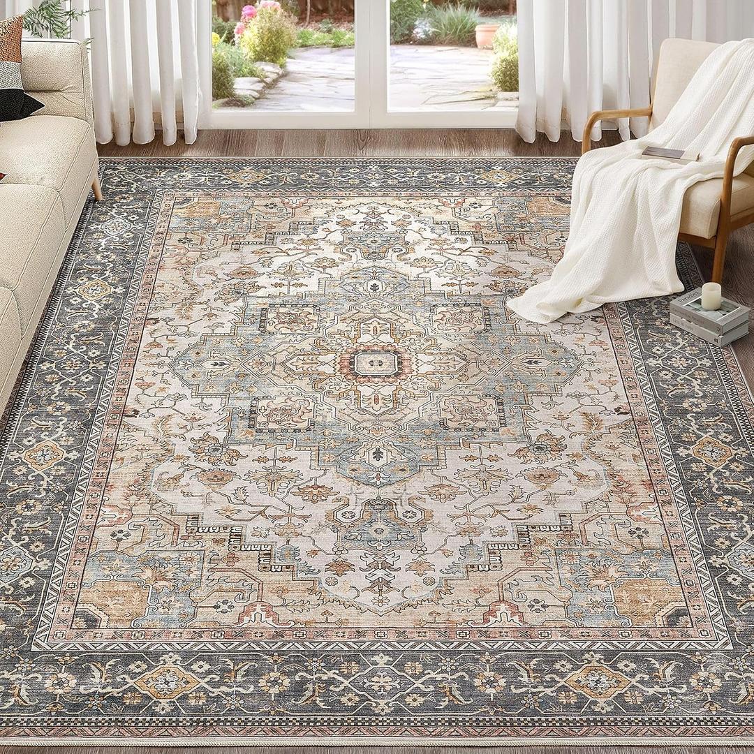 EIEIHOUSE Washable Area Rugs for Living Room - 9x12 Neutral Vintage Distressed Floral Farmhouse Boho Large Soft Floor Rug Indoor Non Slip Carpet for Bedroom Dining Room Office -Forest Green Orange