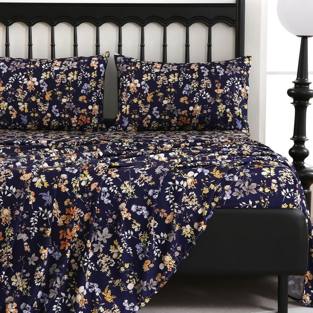 CozySmile 4 Pieces Queen Sheet Set Floral, Boho Sheets Soft Microfiber Deep Pocket, Floral Sheets (Queen, Tranquil Night Bloom)