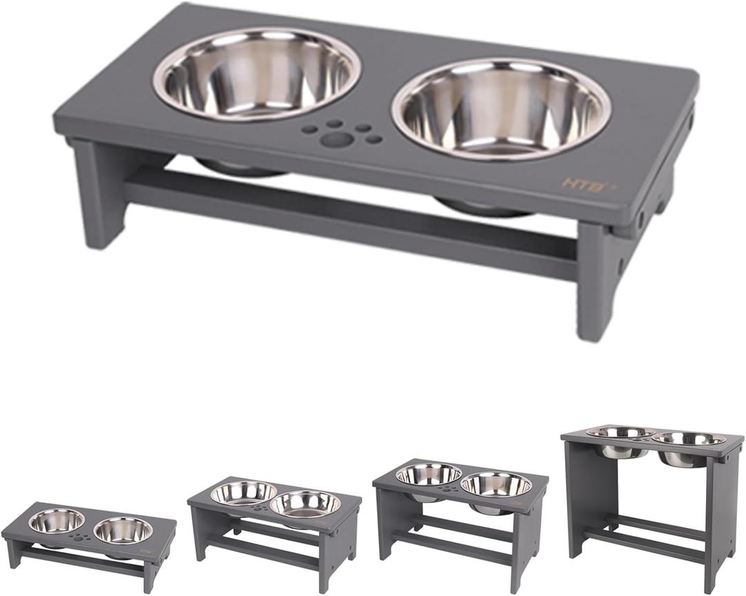 HTB Elevated Dog Bowls, Raised Dog Bowl Stand with 2 Stainless Steel Bowls, Elevated Raised Pets Bowls for Large Medium Small Sized Dogs- Grey Small
