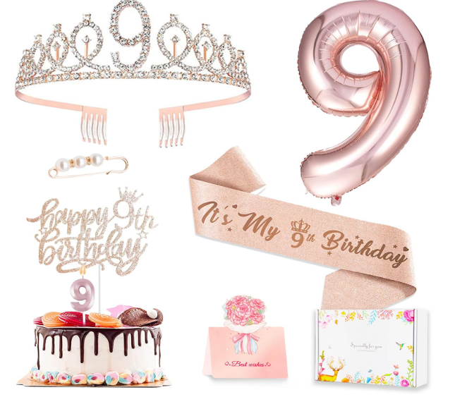 9th Birthday Decorations for Girls, Including 9 year old Birthday Cake Topper, Queen Sash with Pearl Pin, Sweet Rhinestone Tiara Crown, Number Candles and Balloons Set, Rose Gold