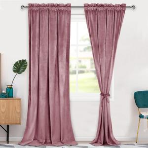 Hiasan Velvet Curtains 96 inches-Blackout Thermal Insulated Solid Soft Curtains for Bedroom Living Room Rod Pocket Room Darkening 2 Panels Window Drapes with Tiebacks, 42W x 96L, Wild Rose