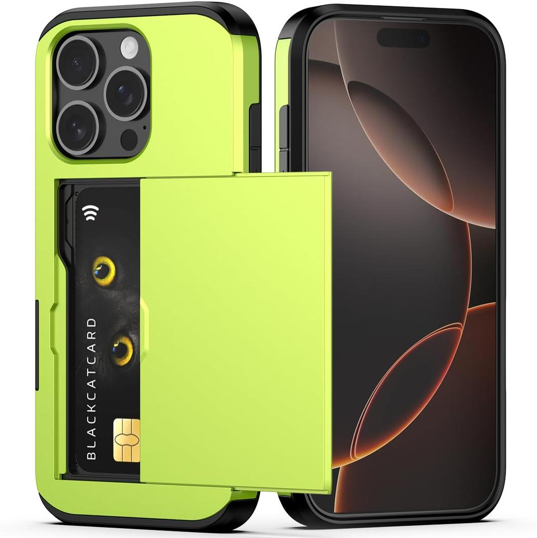 Nvollnoe Compatible with iPhone 16 Pro Case with Card Holder Dual Layer Heavy Duty Protective Shockproof Hidden Card Slot Slim Wallet Phone Cover for iPhone 16 Pro for Women&Men (Fluorescent Green)
