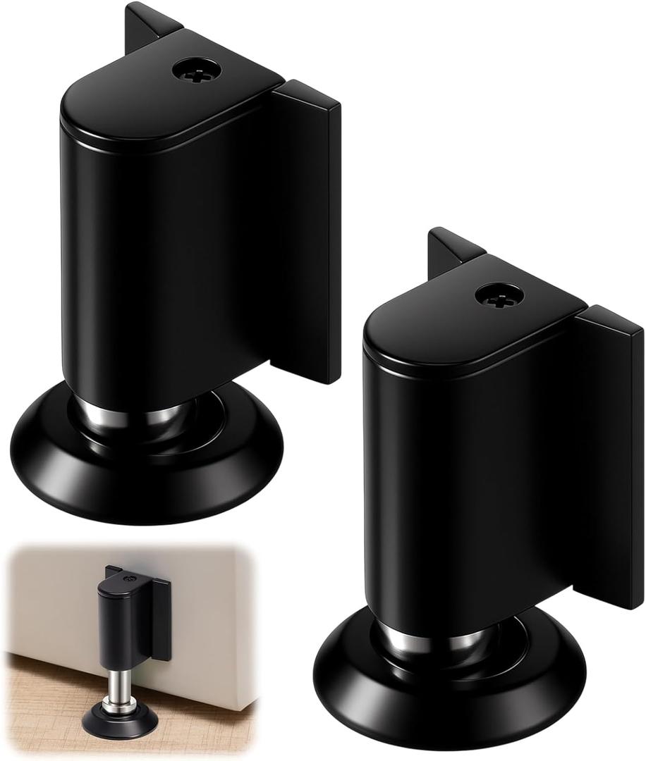 2 Pack Adjustable Magnetic Door Stoppers, Drilled Mount or No Drill Invisible Doorstops for Inside Door with Installation Screws and Adhesive Stickers, Protects Wall from Damage (Black)
