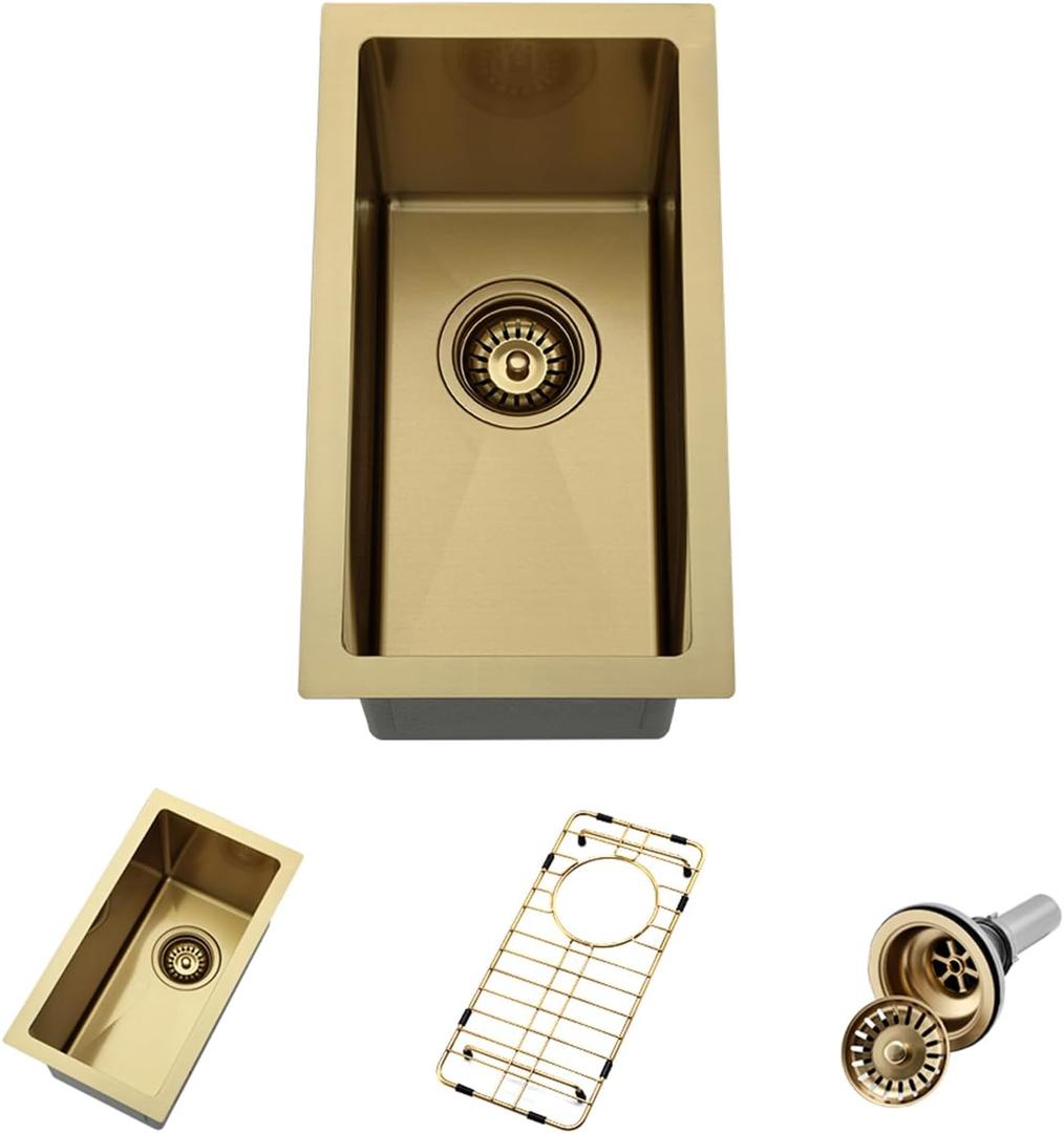 Gold Wet Bar Sink, 10 x 18 Inch Stainless Steel Small Undermount Kitchen Bar Sink 16 Gauge Single Bowl with Grid and Drain Strainer