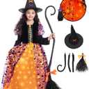 Poshetion Witch Halloween Costume for Girls, Light Up Witch Dress Deluxe Outfit with Hat and Broom, for Halloween Party (XL)