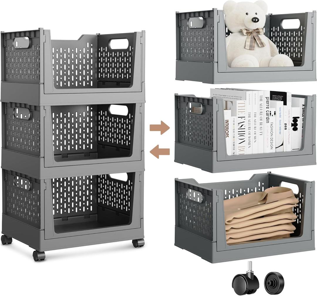 Stackable Storage Bins, Foldable Closet Organizers and Storage Bins Box, Plastic Shelves Drawer Organizer Container for Closet Office Bedroom Kitchen Bathroom with Wheels, Grey, 3 Pack