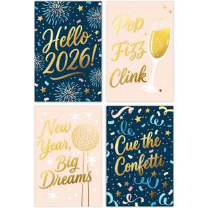 Honeyplum Happy New Year Cards 2026 - Bulk Set of 24 Cards With Envelopes - Sized 4 x 6