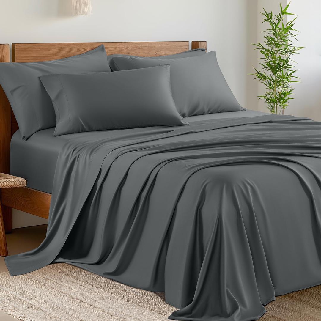 Shilucheng 6 Piece King Sheet Sets, Cooling Sheets, Blend Rayon Derived from Bamboo, Deep Pocket Up to 16", Breathable & Soft Bed Sheets, Hotel Silky Bedding Set, Dark Grey (King (6 Piece Set), 01 - Dark Grey)