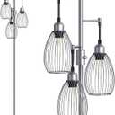 Nintiue Dimmable Floor Lamp, 3 x 800LM LED Edison Bulbs Included, Industrial Floor Lamp Standing Tree Lamp with Elegant Teardrop Cage Heads Tall Lamps for Living Room Bedroom-Grey (Grey-70 inches)