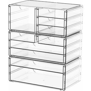 Yieach 3Pack Clear Drawer Organizers Stackable,Acrylic Storage Drawers With 10 Drawers,Multipurpose Office Supply Organizer and Makeup Organizer for Beauty,Craft,Pen,Medical,Stationary Desk Organizers