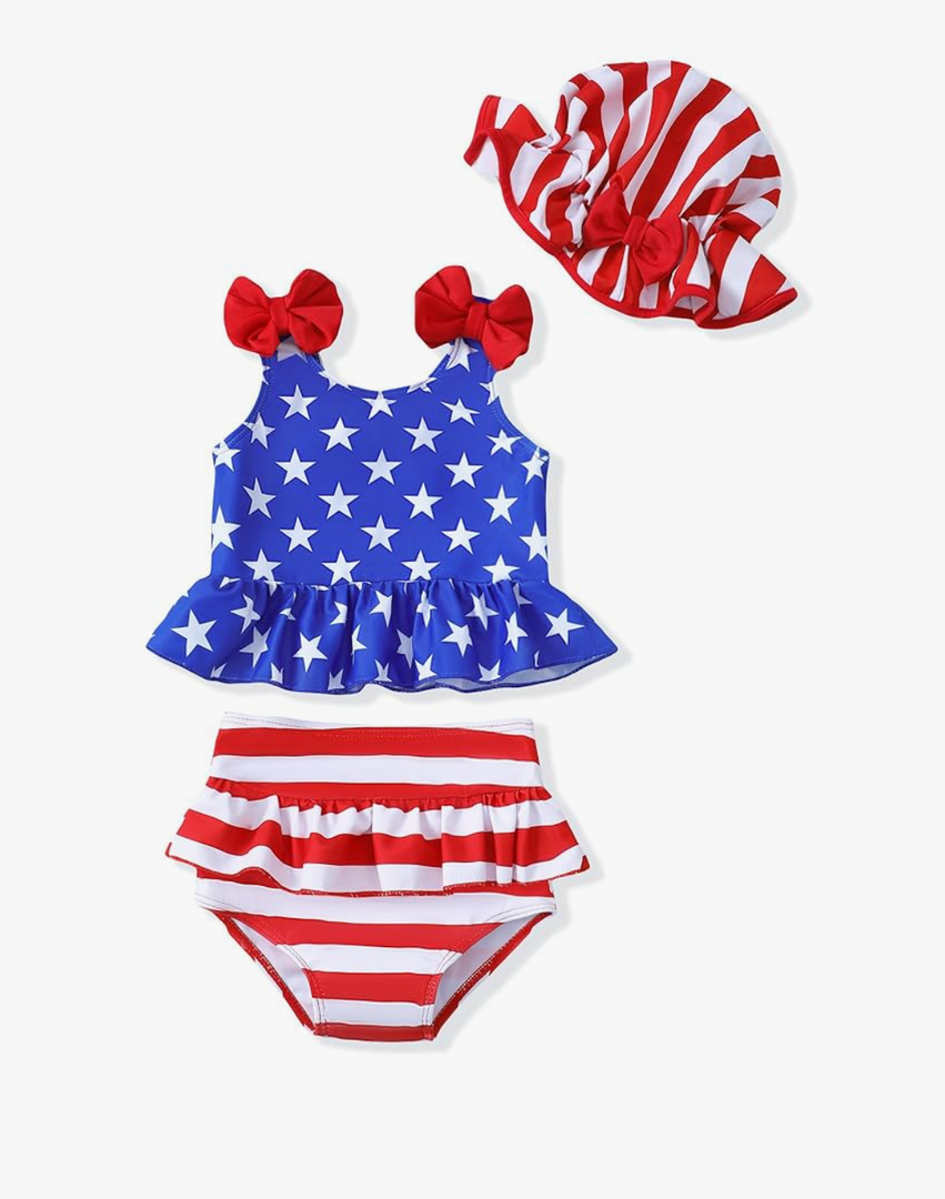 Mioglrie Baby Infant Swimsuit Girl Toddler Bathing Suit Girl Summer Beach Bikini Tankini Swimwear Hat 3-24 Months 2-3 Y Blue Red Flag