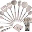 HOTEC Heat Resistant Silicone Kitchen Utensils, Cooking Utensil Set, Spatula Set, BPA Free, Kitchen Gadgets, With Stainless Steel Utensils Holder, Dishwasher Safe 14pcs Khaki