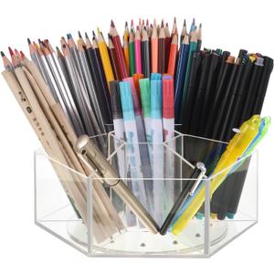 Zonon Acrylic Pen Holder Pencil Organizer 360 Degree Rotating Art Pencil Holder Organizer with 7 Compartments Acrylic Hexagon Pen Cup for Home Office Supplies(Clear)