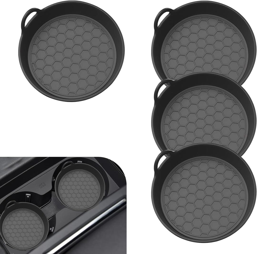4 PCS Car Cup Holder Coaster, Non-slip Silicone Car Coasters, Spill-proof Cup Holder Liner with Raised Rim, Universal Vehicles Interior Accessories (Black)
