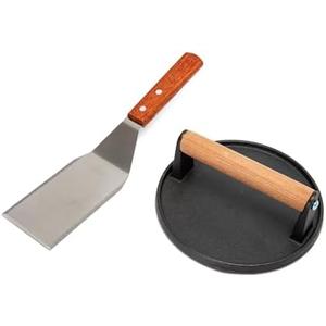 7" Smash Burger Press Set, Round Cast Iron Press & Grill Spatula with Wood Handle, Meat Steak for Perfect Cookouts, Outdoor Barbecues and Tailgates
