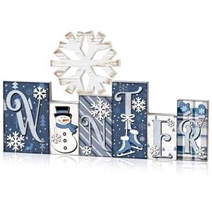 Yousoontic 2 Pcs Wooden Winter Tabletop Decoration Blue and White Winter Table Decorations Wooden Snowflake Decor Winter Tiered Tray Decor Winter Letter Table Centerpieces for Office Home Decor