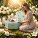 cradle to grave Pet Casket and Coffin for Dogs and Cats, Biodegradable Burial Box with Rhinestone, Complete Memorial Funeral Kit Includes Hair Keepsake Bottle, Scissors & Feather Pad, Mint Green