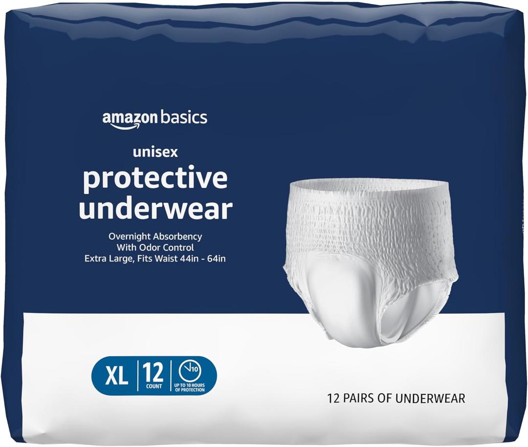 Amazon Basics Unisex Protective Underwear, Overnight Absorbency, Extra Large, 12 Count, (1 Pack of 12)