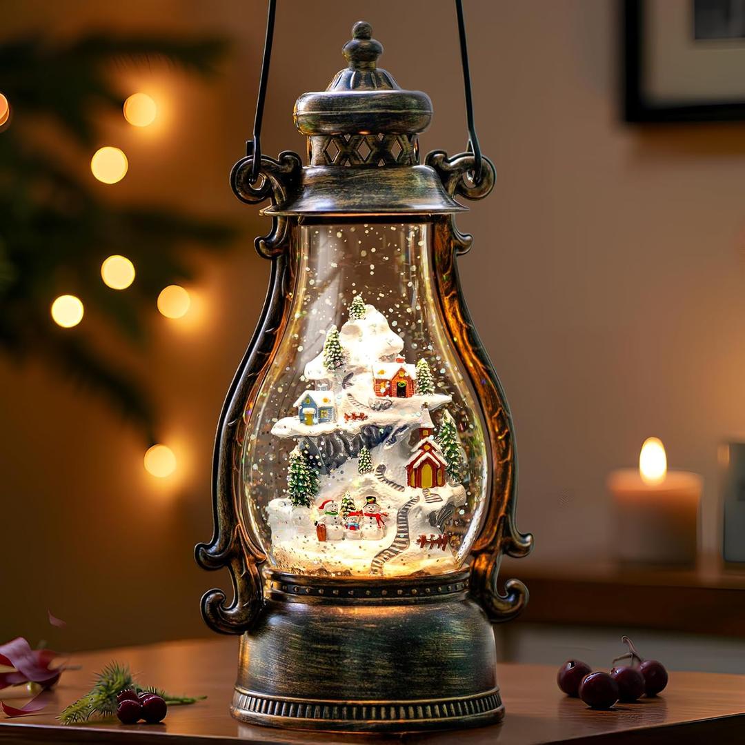 14.2" Christmas Village Buildings Tall Snow Globe Lantern Water Glittering Snowman Family with Music & Timer, USB Lined/Battery Operated Lighted Lantern for Christmas Festival Decoration Gifts