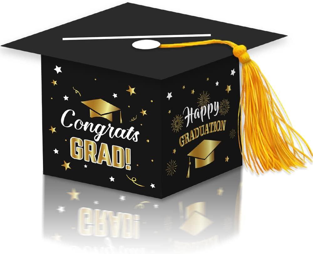 3 x 2026 Graduation Party Card Box, Black Gold Congrats Cap Card Holder Box with Tassel for 2026 Graduation Party Decoration