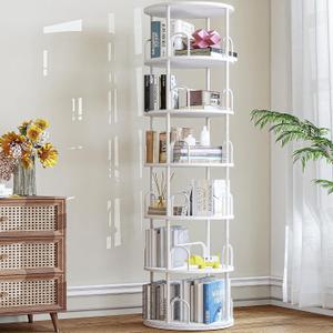 6 Tier Rotating Bookshelf Tower, Standing Tall Corner Wood, White Metal Modern Book Shelf Organizer Retro Vintage Rustic Modern Large Bookshelf Book Display Furniture for Your Home, Office, Kids