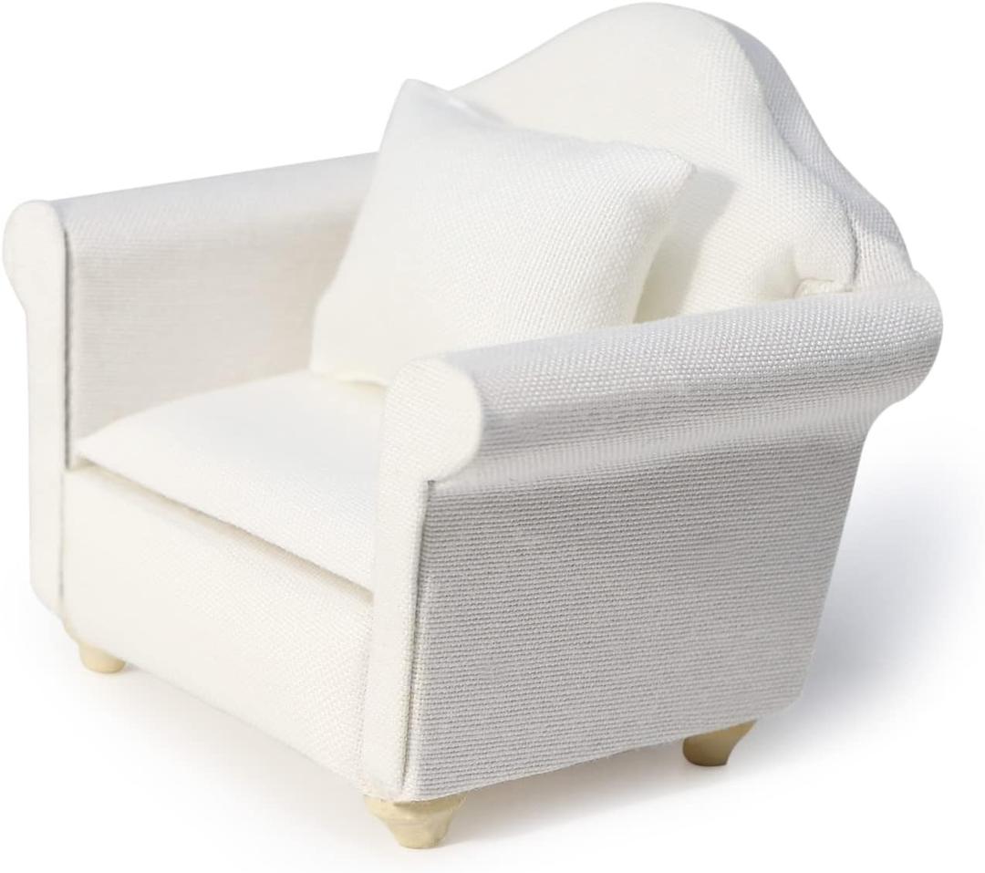 Dollhouse Couch with Pillow 1 12 Scale Miniature Sofa Arm Chair Living Room Furniture Wooden Fabric Frame Single Reading Chair Artificial House Room Scene Decoration (White)