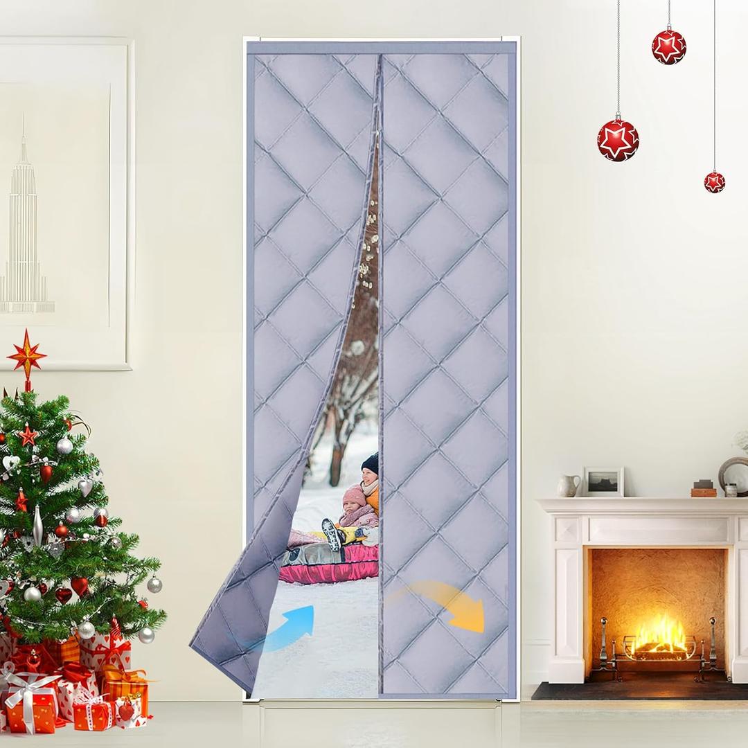 Magnetic Thermal Insulated Door Curtain, Strong Magnets Weatherproof Oxford Material Cotton Fiber Fill, Keep Warm in Winter (Gray, Fit Door Size 32"  80") (32"W x 80"L (Pack of 1), Grey)