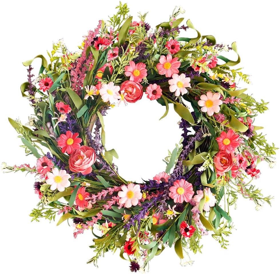 Qingbei Rina Spring Wreaths for Front Door, 22 Inch Door Wreath for Decorating with Daisy and Lavender, Wildflower Wreaths Indoor Outdoor, Home Windows Wall Farmhouse Wedding Decor (Colorful)