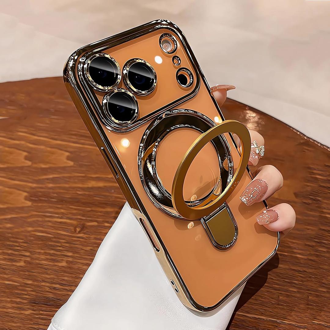 LXK Magnetic Invisible Stand for iPhone 17 Pro Case 6.3" Compatible with MagSafe, Military-Grade Protection, with Camera Protector, Clear Scratch-Resistant Back Cover for iPhone 17 Pro, Gold