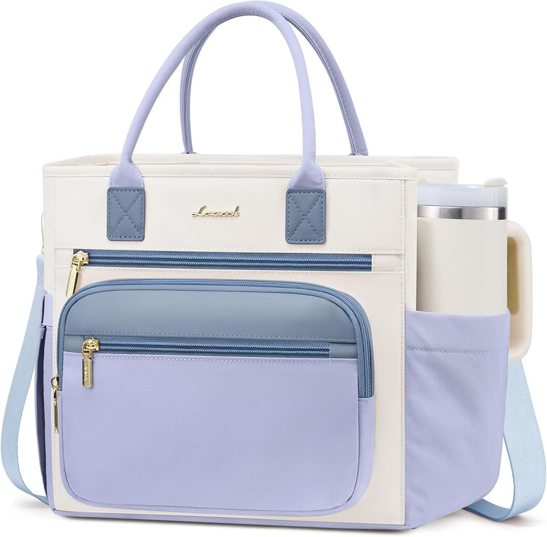 LOVEVOOK Insulated Lunch Box for Women, Large Adult Lunch Cooler Bag Women Wide Opening Leakproof Cooler Bag with Cup Holder, Lunch Teacher Tote Bag for Work,Picnic,Beach,Family,College,Gift,13L, Light Blue. Off White
