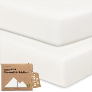 2 Pack and Play Sheets, Waterproof Mini Crib Sheets Fitted - 38x26 Organic Cotton Pack N Play Sheets for Graco Pack and Play Mattress, Playard Baby Crib Sheets,Neutral for Boy,Girl,Toddler(Soft White)