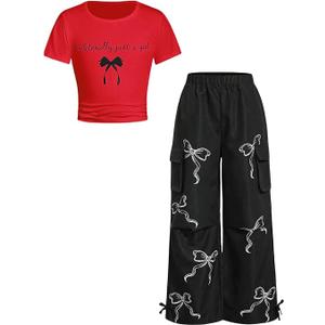 RoseSeek Girl's 2 Piece Summer Outfits Short Sleeve Ruched Basic Tess and Camo Cargo Pants Sets Trendy 11Y
