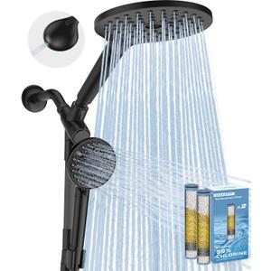 MakeFit Dual Filtered Rain Shower Head Combo, High Pressure Handheld Shower Head with Adjustable Bar - Rainfall Shower Head And Showerhead with Filter for Hard Water - Removes Chlorine (8 Inch Filtered, Matte Black)