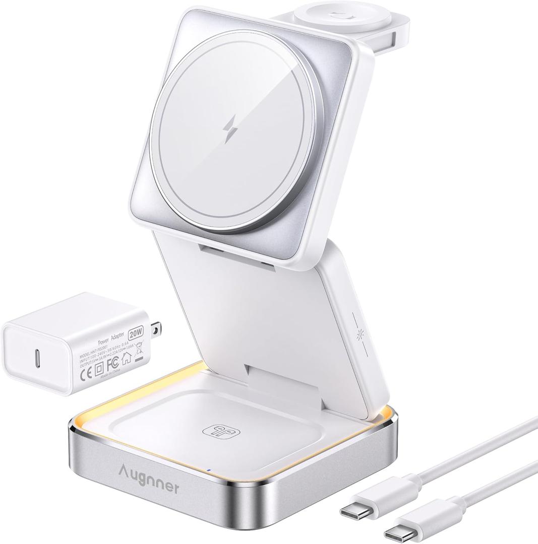 2025 UpgradedWireless Charger 3 in 1, Foldable Wireless Charging Station with Light for Apple MagSafe Charger, Travel Magnetic Charger for iPhone 17/16/15/14/13/12 Apple Watch AirPods (20W Adapter) (white)