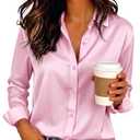 Womens Blouses Satin Silk Shirt Button Down Shirts for Women Long Sleeve Work Dress Tunic Tops Collar Neck Office Slim Fit Business Casual Light Pink M
